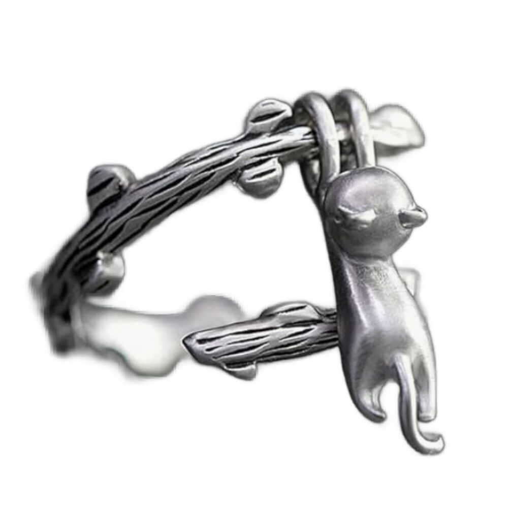Silver Dangling Cat From Tree Branch Ring Adjustable Kitty